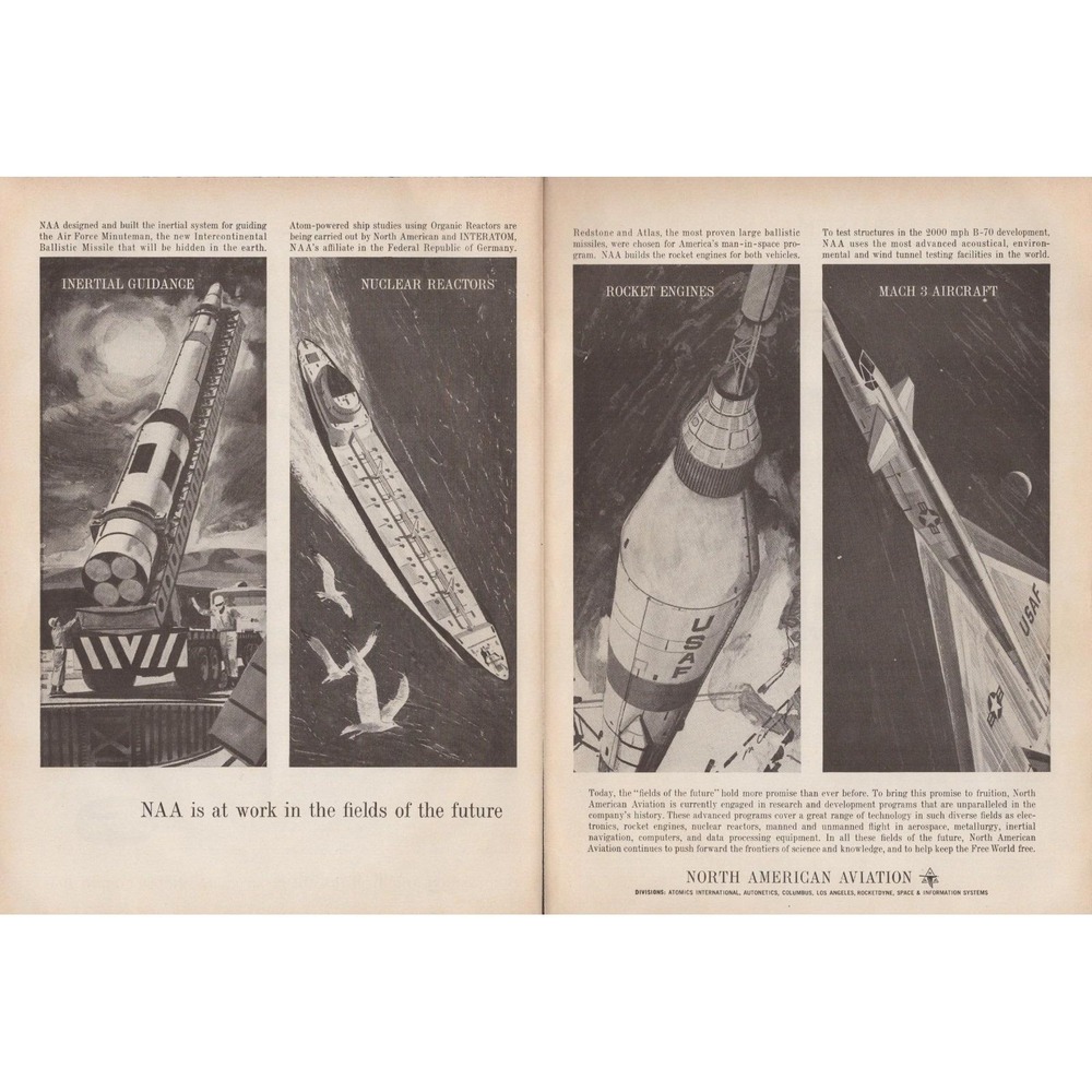 North‎ American Aviation Fields of the Future Rockets Aerospace Print Ad 1961